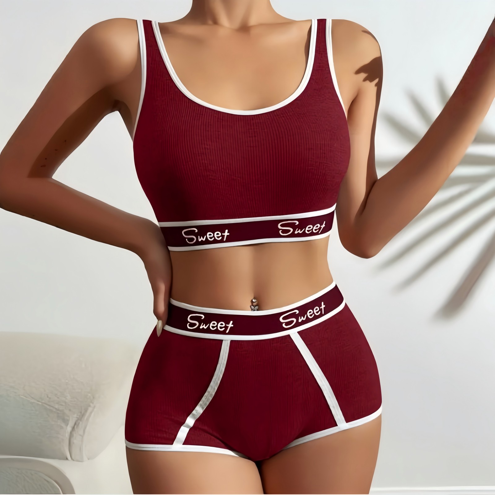"Letter Print Bra Panties Ribbed Wireless Bra Elastic Panties "